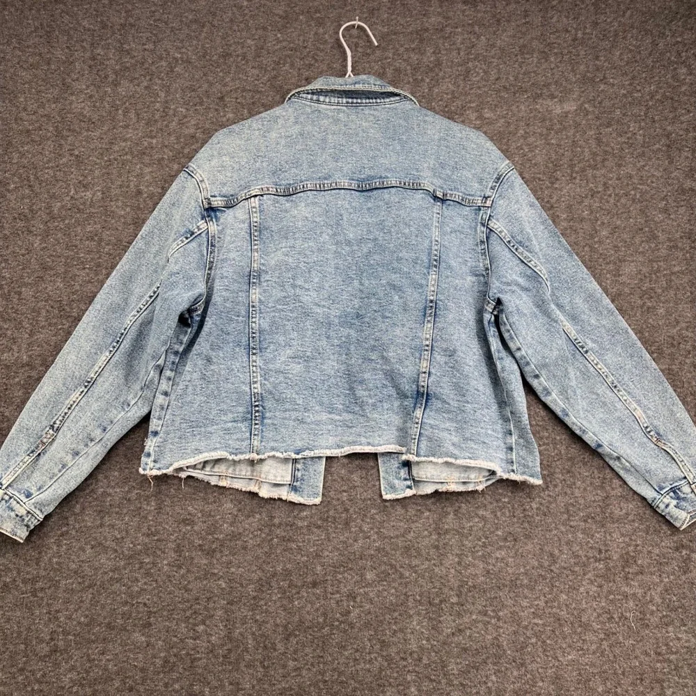 Xhilaration Womens Acid Wash Distressed Denim Jacket Light Blue Raw Hem Large